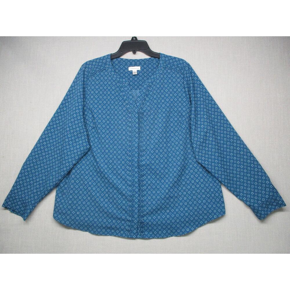 Croft & Barrow Blue White Pattern‎ Geometric V-Neck Button Blouse Size 1X